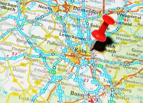 Köln, Germany marked with red pushpin on map Stock Photos