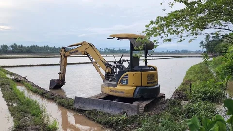 Komatsu mini excavators currently digging irrigation canals Vídeos de archivo 244498697