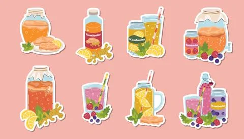 Kombucha compositions stickers set in flat cartoon style with bottles, jar,.. Stock Illustration