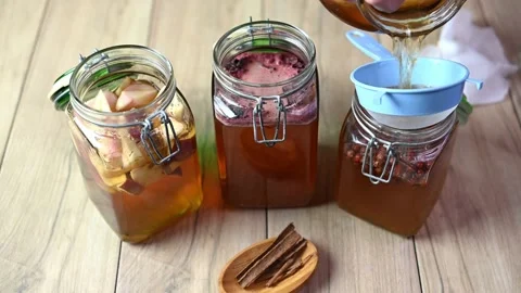 Kombucha tea second fermentation with fruits. Stock Footage 139172866