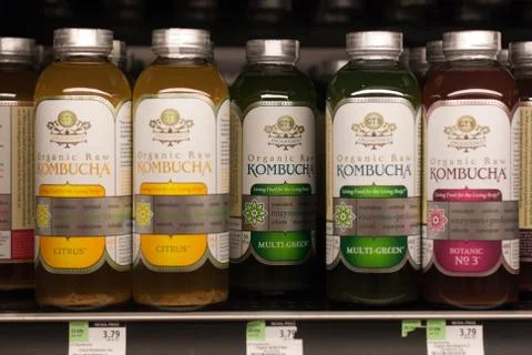 Kombucha tea on store shelf Stock Photos