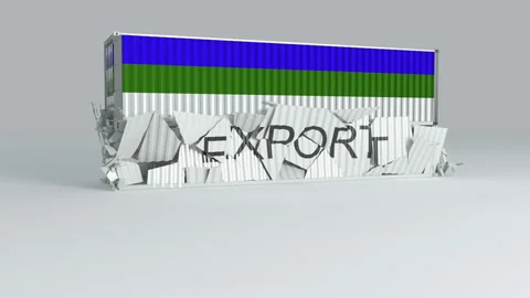 Komi container with the flag falls on top of a container labeled EXPORT Video stock 124596986