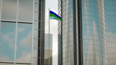 Komi Flag 3D Render Animation on Pole with City Buildings Video stock 332308153