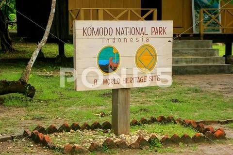 Komodo National Park sign at the visitor center on Rinca Island, Nusa Tengg.. Stock Photos