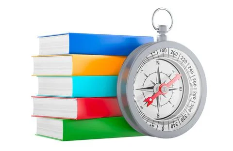Kompass mit Bücherstapel, 3D-Rendering Compass with stack of books, 3D ren.. Stockfoto's