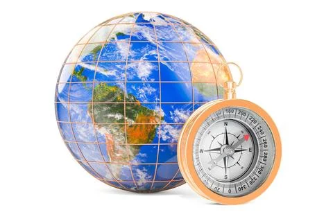 Kompass mit Erdkugel. 3D-Rendering Compass with Earth Globe. 3D rendering ... Stock Photos