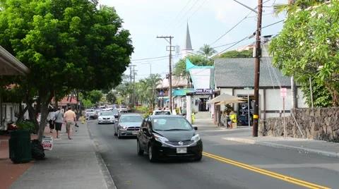 Kona Hawaii Kailua-Kona Main Street traffic on Alii Drive shops shopping Stock Footage