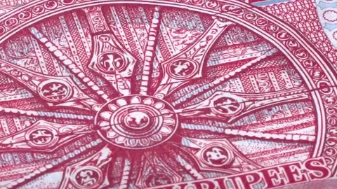 Konark Sun Temple Wheel on New Indian Ten Rupee Currency Note (4K). Stock Footage 318200071