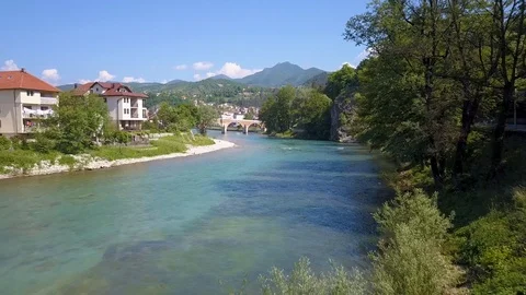 Konjic river bridge aerial approaching Stock Footage 102836342