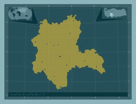 Konya, Turkiye. Solid color shape. Locations of major cities of the region Stock Illustration