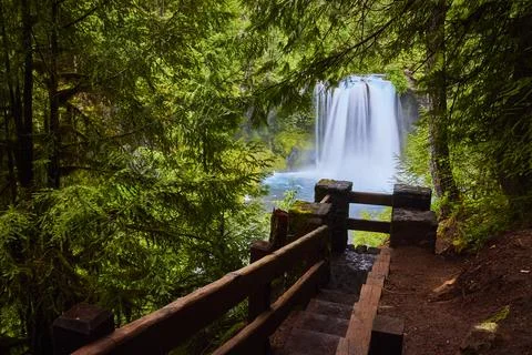 Koosah Falls Waterfall Motion with Rustic Trail View Foto stock