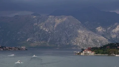Korcula harbour with storm clouds over the mountains Stock Footage 124166220