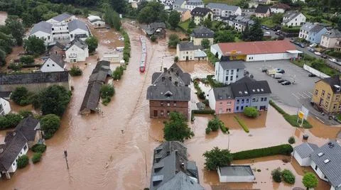  In Kordel (Rheinland-Pfalz) ist nach unwetterartigen Regenfällen der Ort .. Stock Photos
