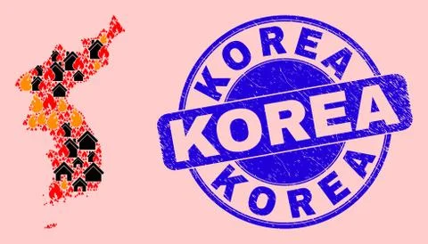 Korea Map Mosaic of Fire and Buildings and Distress Korea Seal Ilustración de archivo