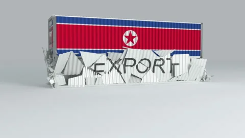 Korea North container with the flag falls on top of a container labeled EXPORT Stock Footage 124597058