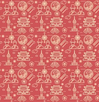 Korea Signs Seamless Pattern Background on a Red. Vector Illustrazione stock