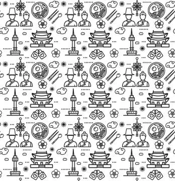 Korea Signs Seamless Pattern Background on a White. Vector Illustrazione stock