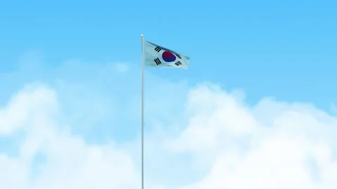 Korea South Flag 3D Render Animation Waving on Pole with Blue Sky Video stock 332962894
