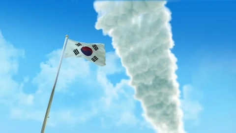 Korea South Flag 3D Render Animation on Pole with Fighter Jets Smoke Trails  Stock Footage 333241963