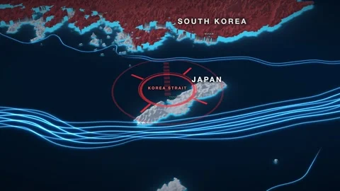 Korea Strait 3D terrain relief map on a near-black sea Video stock 344269461