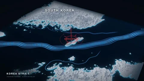 Korea Strait white 3D terrain relief map on a black sea with glowing cyan 스톡 동영상 344008790