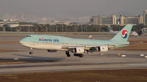 Korean Air Boeing 747 Passenger Airplane Landing, Seoul Incheon Airport, Sunset Stock Footage 254574269