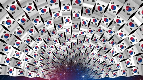 Korean background. Ribbons of waving country flags. Syvolic arch with a tunnel Stock Footage 165071653