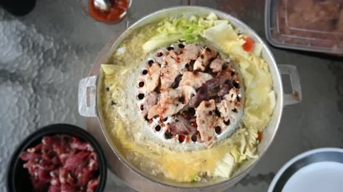 Korean BBQ with Hot Pot Stock Footage 134996080