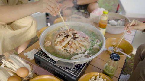 Korean BBQ with slice pork and vegetable soup Stock Footage 249255142