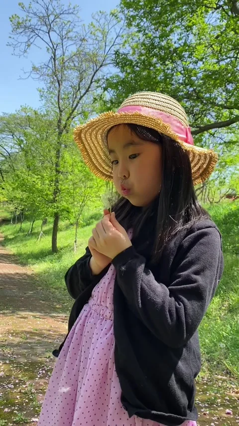 Korean child in the forest at spring blowing dandelion seeds; Vertical Stock Footage 317433121