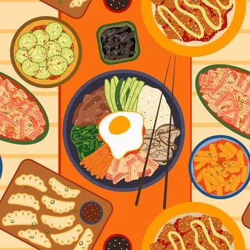 Korean cuisine vector seamless pattern. Delicious asian dishes bibimbap, spicy Stock Illustration