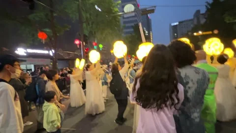Korean dance with lantern during temple festival in Seoul Stock Footage 242162996