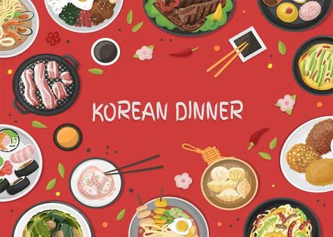 Korean dinner background. Top view asian barbeque, traditional buffet meal. Bbq Stock Illustration