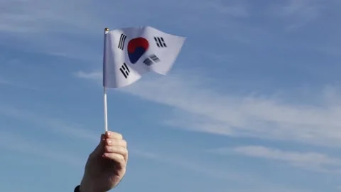 Korean flag in hand flutters in the wind against the sky, independence nati.. Stock Footage 226763425