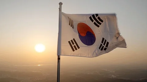 Korean Flag at Sunset in Slow Motion, Seoul, South Korea Stock Footage 127636180