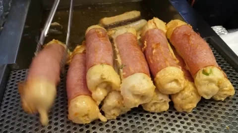 Korean Fried Fish Cake Wrapped in Ham Stock Footage 337374762