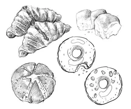 Korean garlic cheese bread donuts croissant puff pastry hand drawn sketches Stock Illustration
