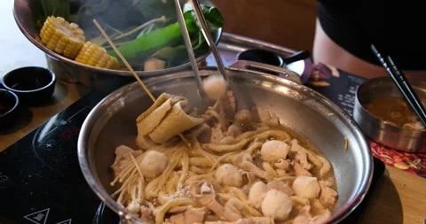 Korean hotpot vegetable and sliced meat with noodle top view Stock Footage 295157539