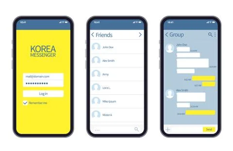 Korean messenger. Kakao talk interface with chat boxes, contact list and icons Stock Illustration