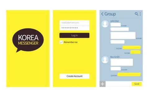 Korean messenger. Kakao talk interface with chat boxes, login and create account Illustrazione stock