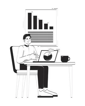 Korean office worker analyzing charts on laptop at desk doodle linear charact Illustrazione stock