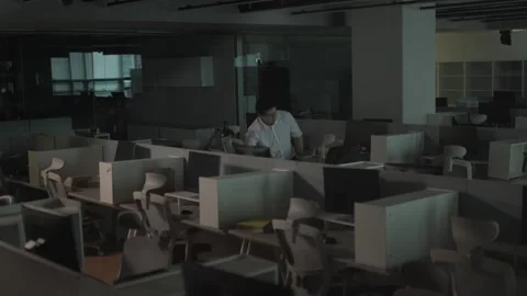 Korean Office Worker Sitting Alone in Dark Office at Night Stock-Footage 339114380