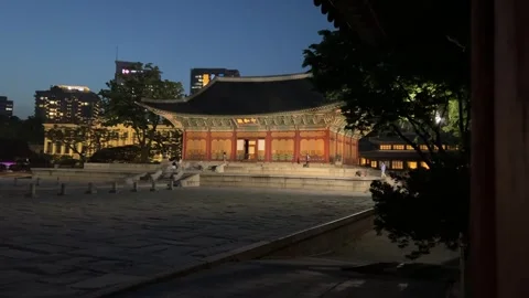 Korean Palace in Evening with Lights Stock Footage 242163918