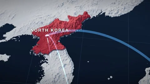 Korean Peninsula 3D elevation relief map with north korea highlighted in red Stock Footage 344010814