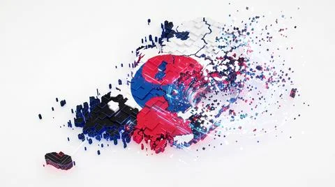Korean peninsula map with flags dissolving into digital data streams concep.. Stock Illustration