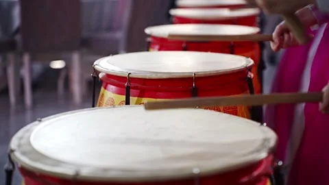 Korean percussion instruments played in a live performance event Stock Footage 332649317