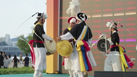 Korean Pungmul Group Performs on Stage at Han River Festival Seoul Stock Footage 339738566