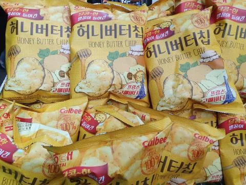 Korean snack called Honey Butter Chip. A sweet and buttery taste snack. Stock Photos