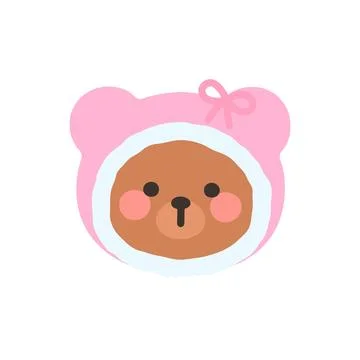 Korean Style Bear Head Cartoon with Pink Furry Bonnet Stock Illustration