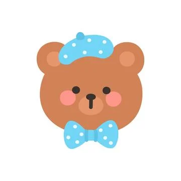 Korean Style Bear Head Cartoon with Blue Polka Dot Beret Hat and Bow Tie Stock Illustration